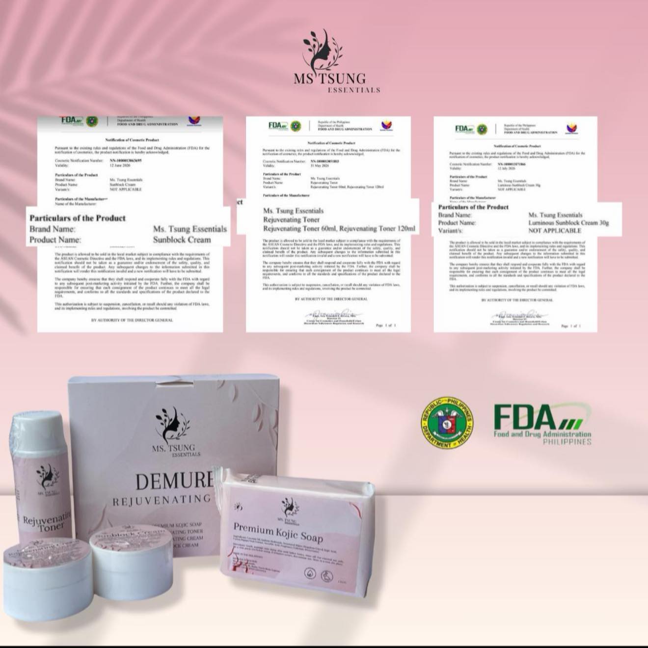 Cosmetic products with certification documents and FDA logo on a pink background