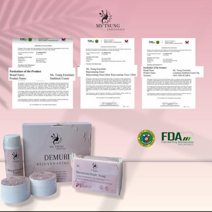 Cosmetic products with certification documents and FDA logo on a pink background
