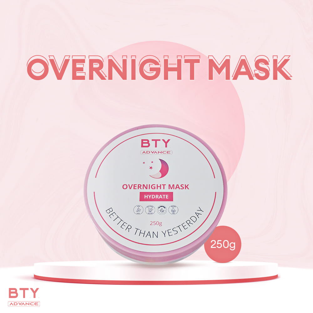 BTY Advance Overnight Mask packaging on a pink background