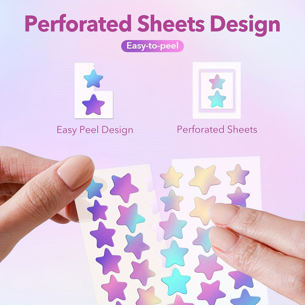 Colorful star-shaped stickers on perforated sheets with a hand holding them against a pink background.