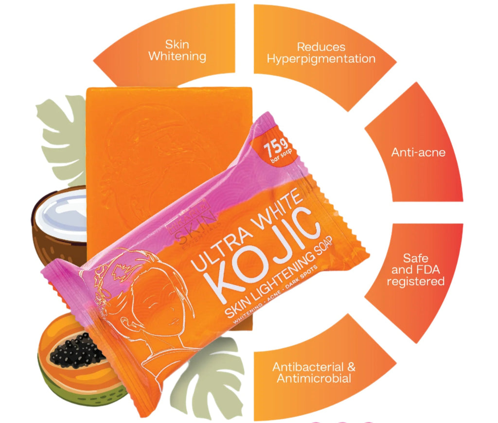 Kojic acid skin lightening powder packaging with health benefits listed