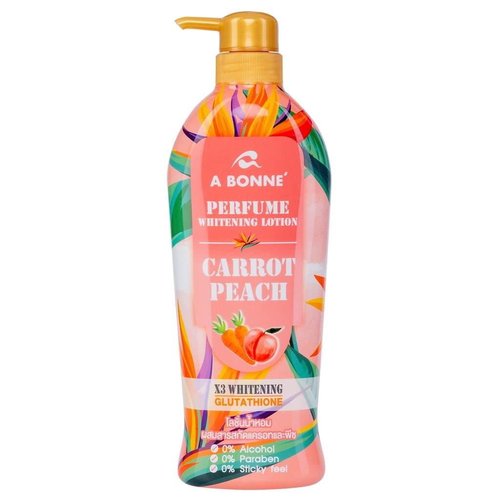 Perfume whitening lotion bottle with colorful design and 'A Bonne' branding on a white background.