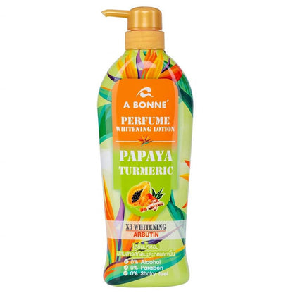 A bottle of A Bonne Papaya Turmeric perfume whitening lotion on a white background