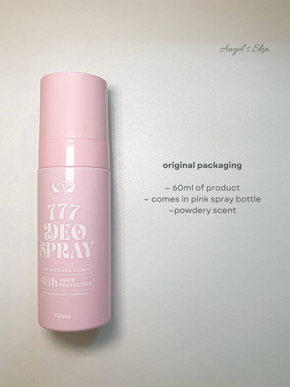 Pink deodorant spray bottle labeled '777 Deo Spray' on a light gray background