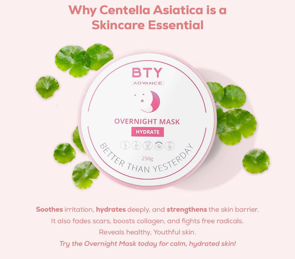 BTY Overnight Mask with centella asiatica leaves on a light pink background