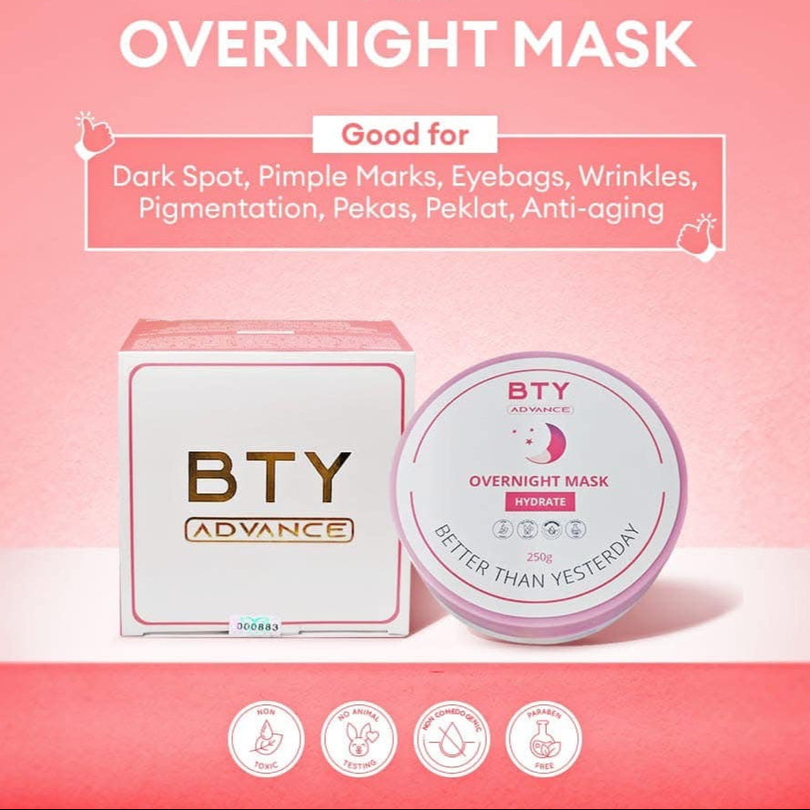 BTY Advance Overnight Mask packaging on a pink background