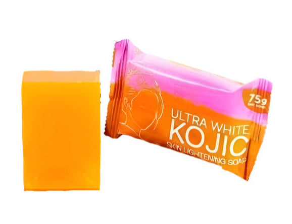 Kojic soap with coconut and fruit on a pink background, featuring Hikari Skin Essentials branding.