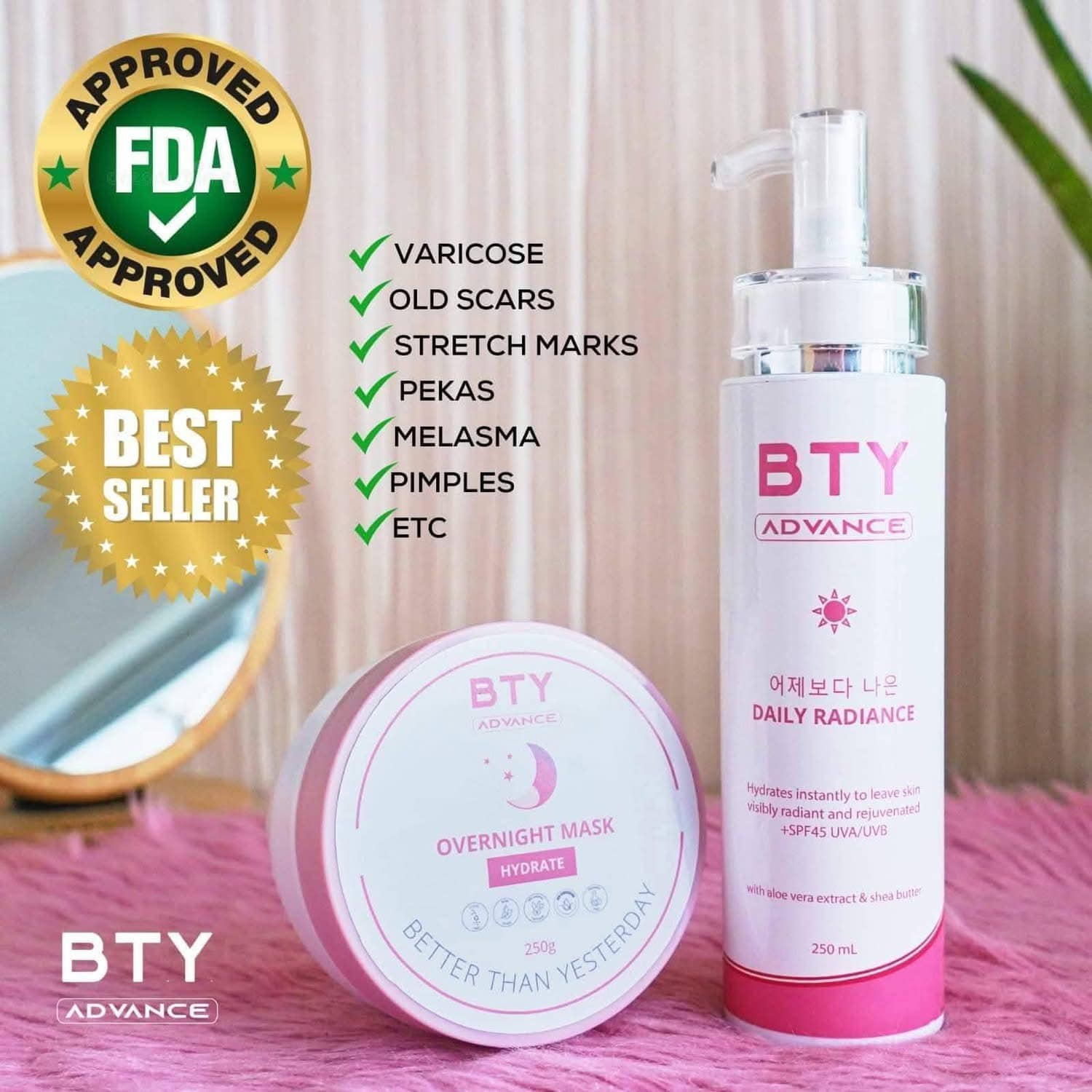 BTY Advance skincare products with FDA approval and bestseller labels on a pink surface.