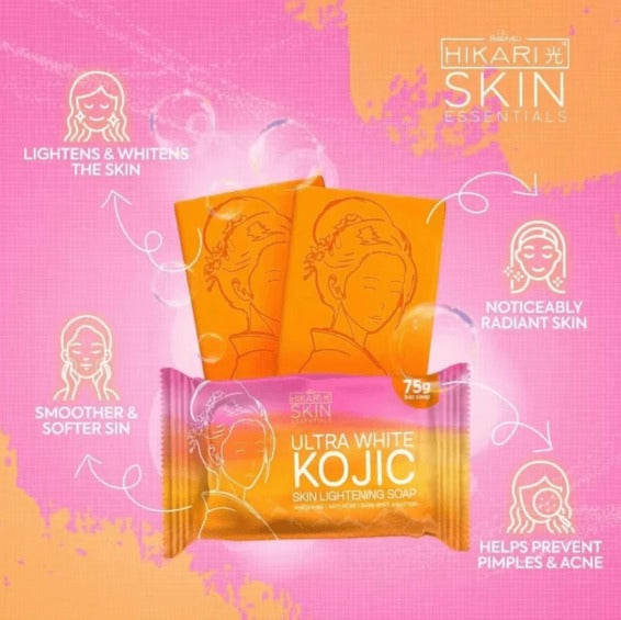 Hikari Skin Essentials Ultra White Kojic soap packaging on a pink background