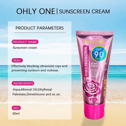 Pink sunscreen cream tube with product details on a beach background