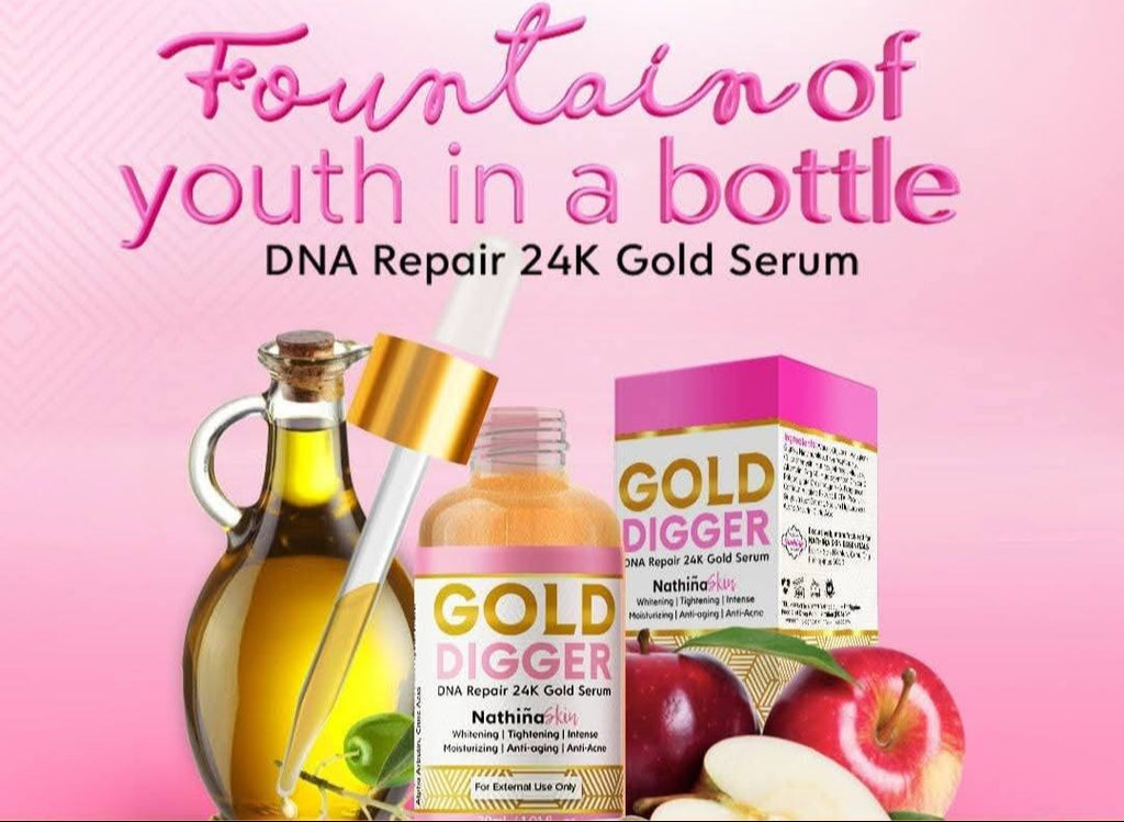 Nathina Skin Gold Digger 24K Gold Serum Aufhellung Straffung Feuchtigkeitsspendend Anti-Aging Anti-Akne Leichte Feuchtigkeitspflege für alle Hauttypen
