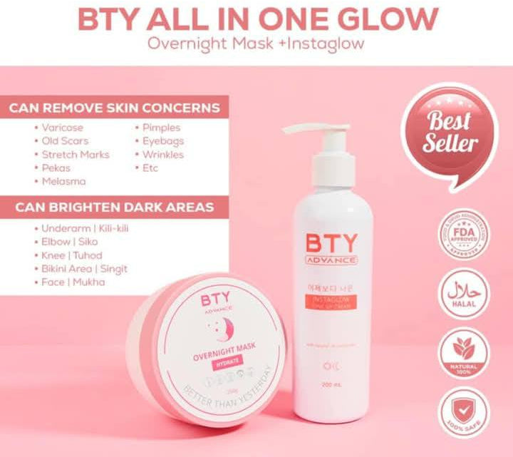 BTY overnight mask and instaglow product on a pink background with text and logos.