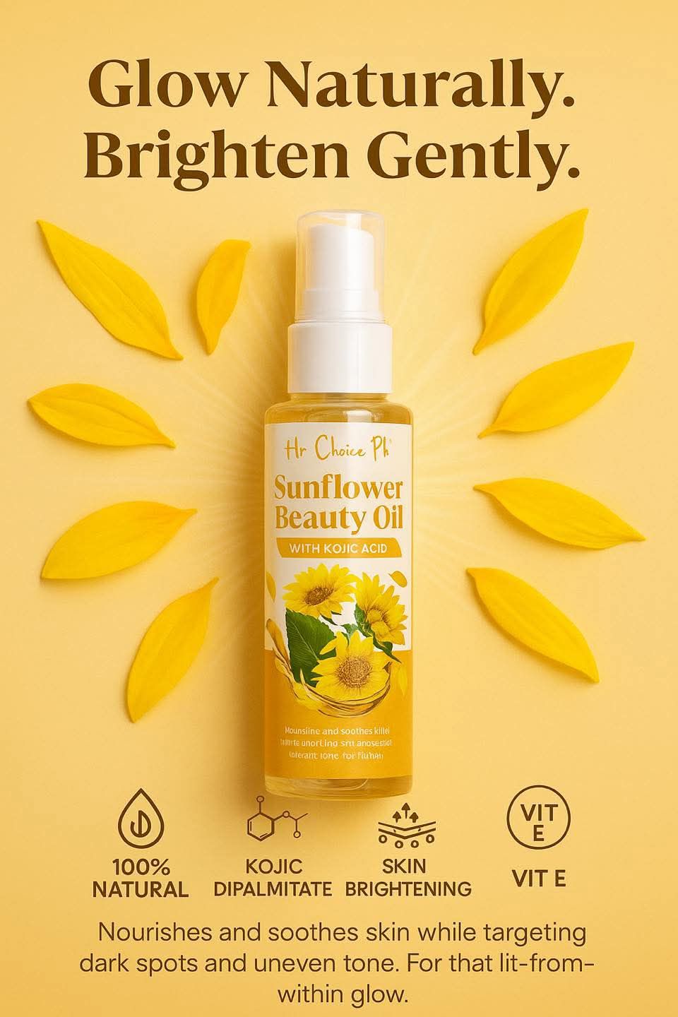 Sunflower beauty oil bottle with yellow leaves on a beige background