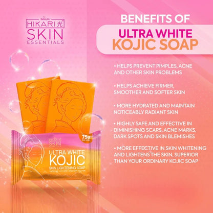 Hikari Skin Essentials Ultra White Kojic Soap packaging with benefits listed on a pink background