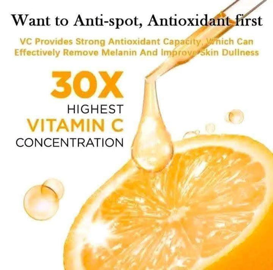 Advertisement for a skincare product with vitamin C, featuring an orange and droplets.