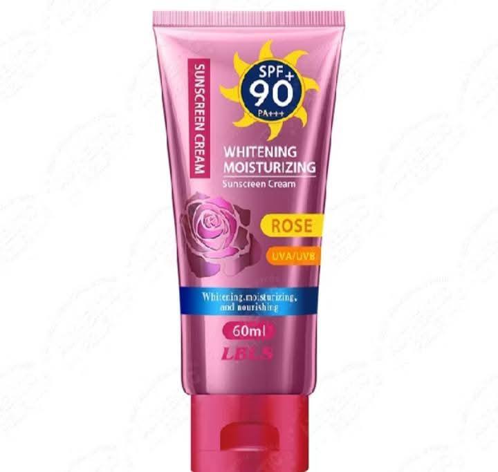 Pink sunscreen cream tube with SPF 90 on a white background