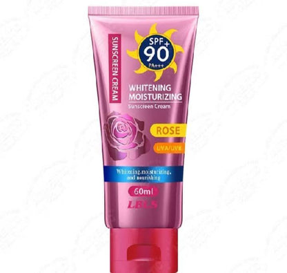 Pink sunscreen cream tube with SPF 90 on a white background