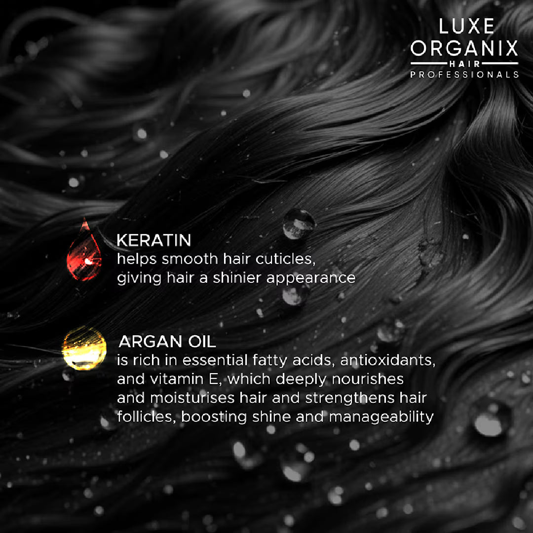 Close-up of wet hair with Luxe Organix branding, highlighting keratin and argan oil benefits.