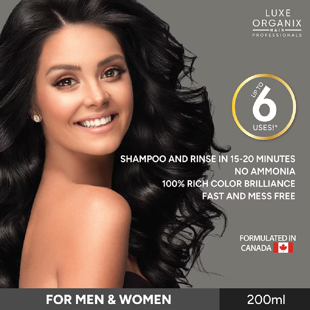 Advertisement for Luxe Organix hair care product with a woman and product details.