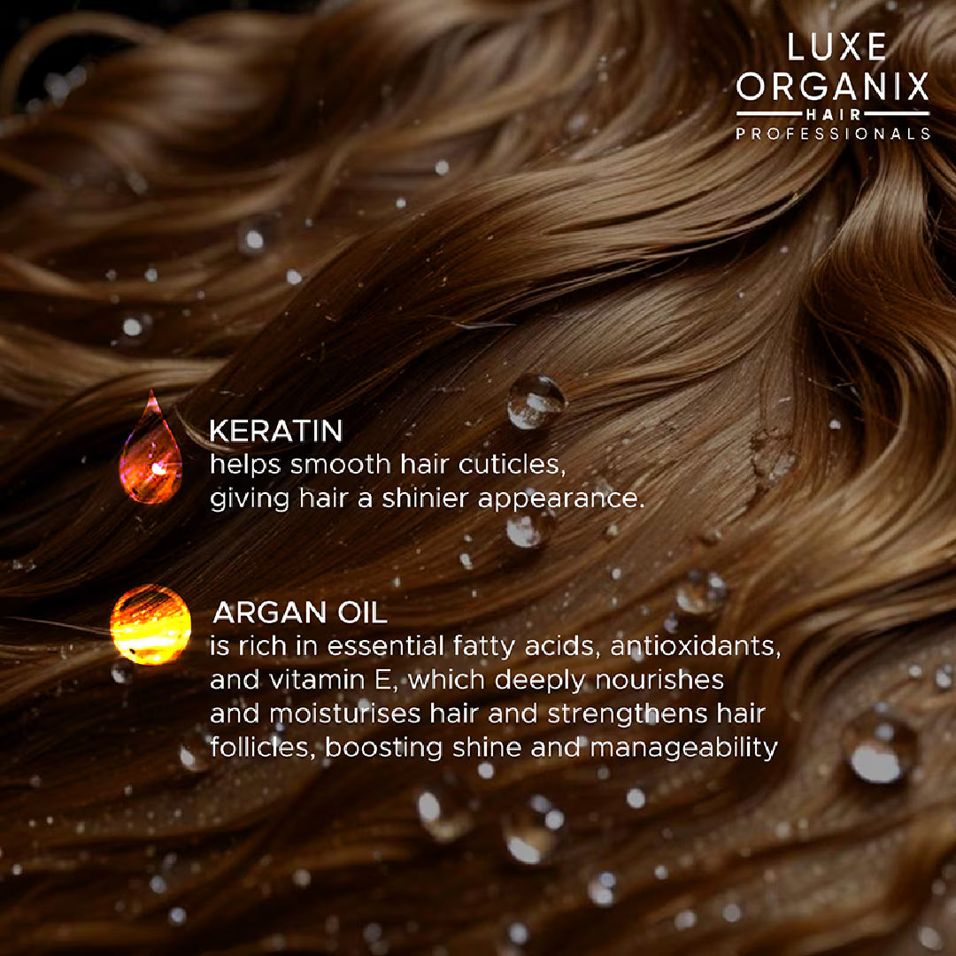 Close-up of brown hair with droplets and Luxe Organix branding, highlighting keratin and argan oil benefits.