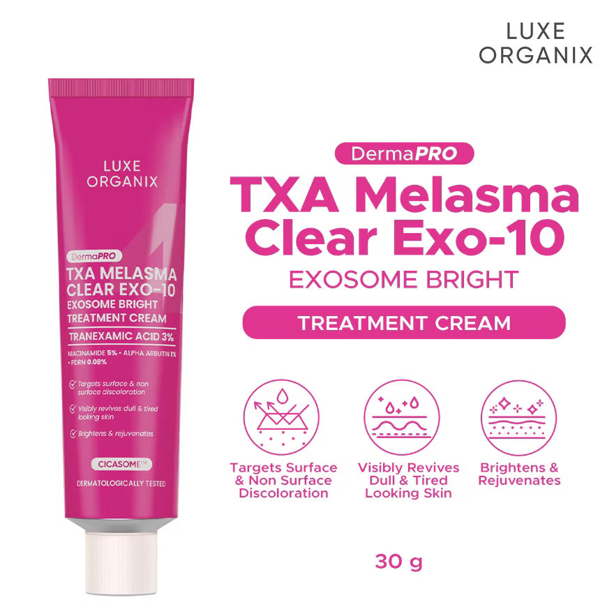 Luxe Organix TXA Melasma Clear Exo-10 treatment cream tube on a white background