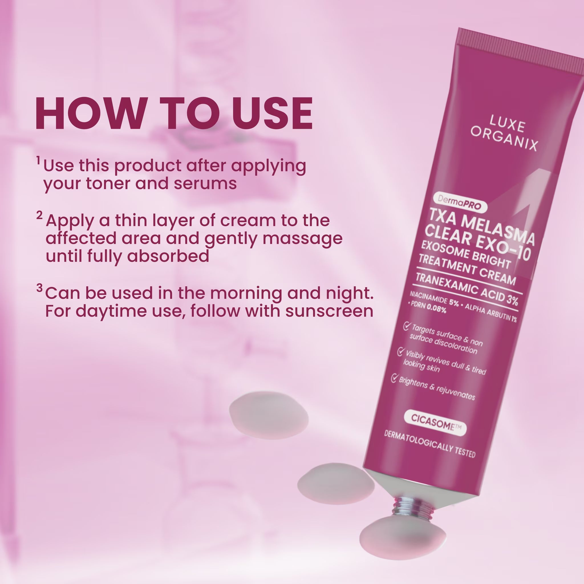 Luxe Organix TXA Melasma Clear EXO-10 cream tube with usage instructions on a pink background