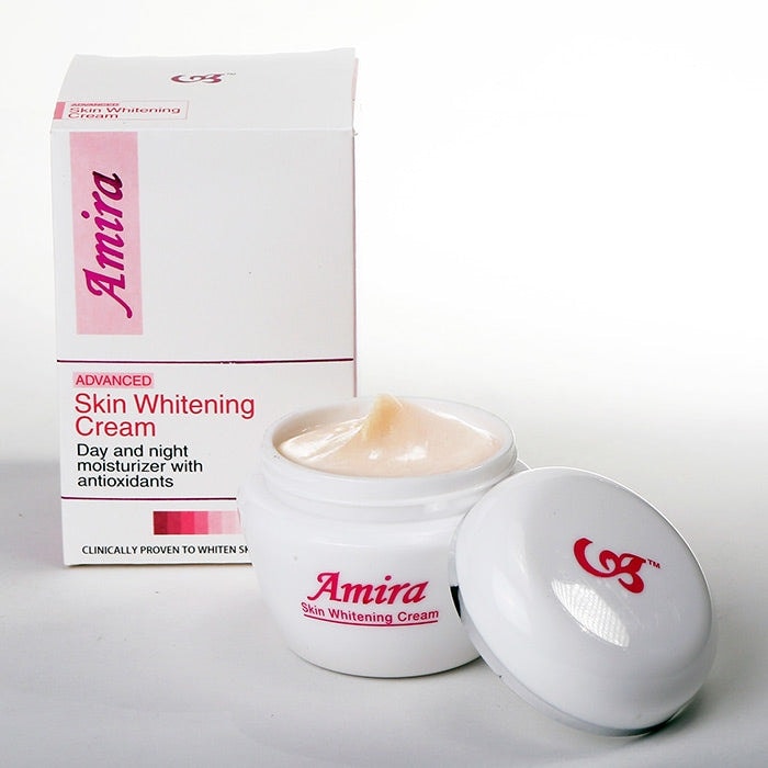Amira skin whitening cream with packaging on a white background