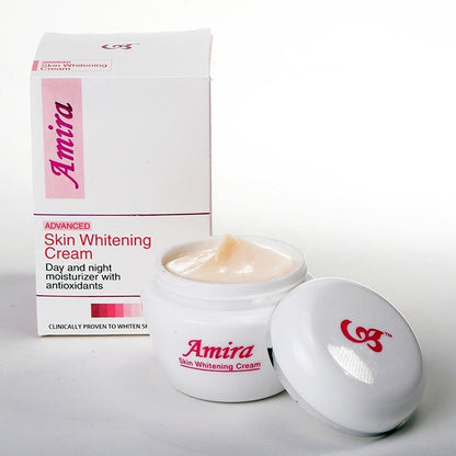 Amira skin whitening cream with packaging on a white background
