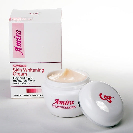 Amira skin whitening cream with packaging on a white background