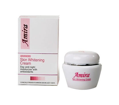 Amira skin whitening cream jar and box on a white background