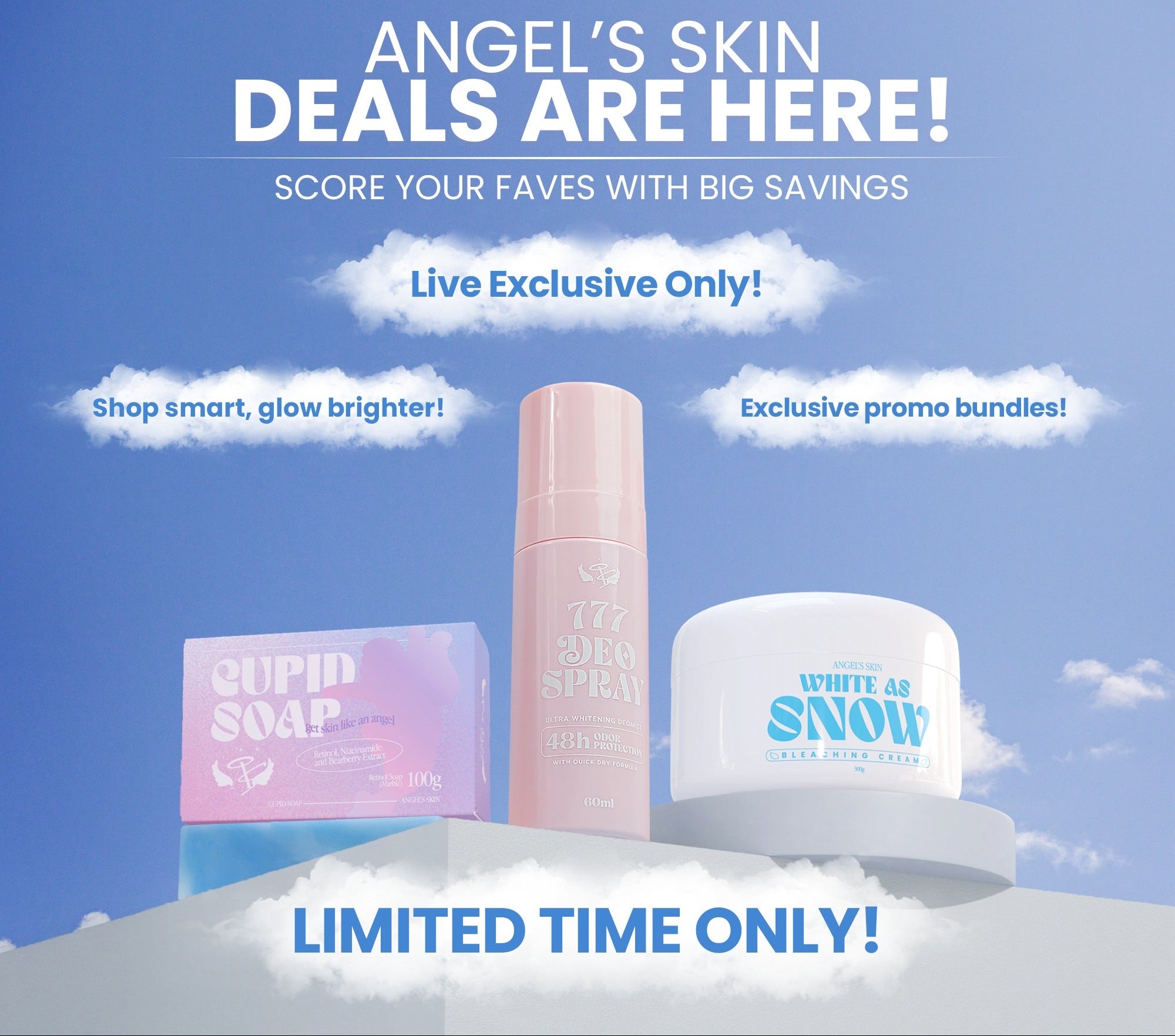 Advertisement for Angel's Skin products with promotional text on a blue sky background