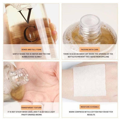 Product packaging and usage instructions with text on bottle, foam, texture, and application.
