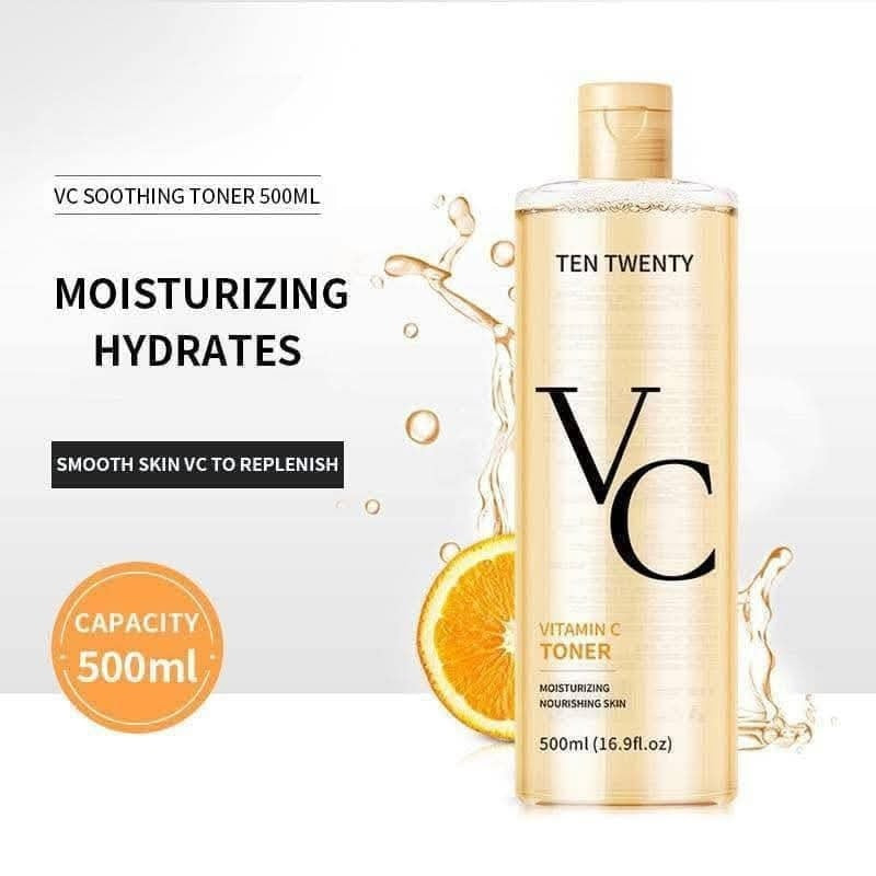 VC Soothing Toner bottle with text and an orange on a white background