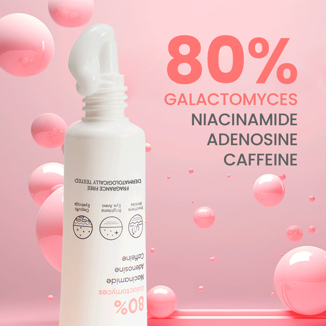 Skincare bottle with ingredients listed on a pink background