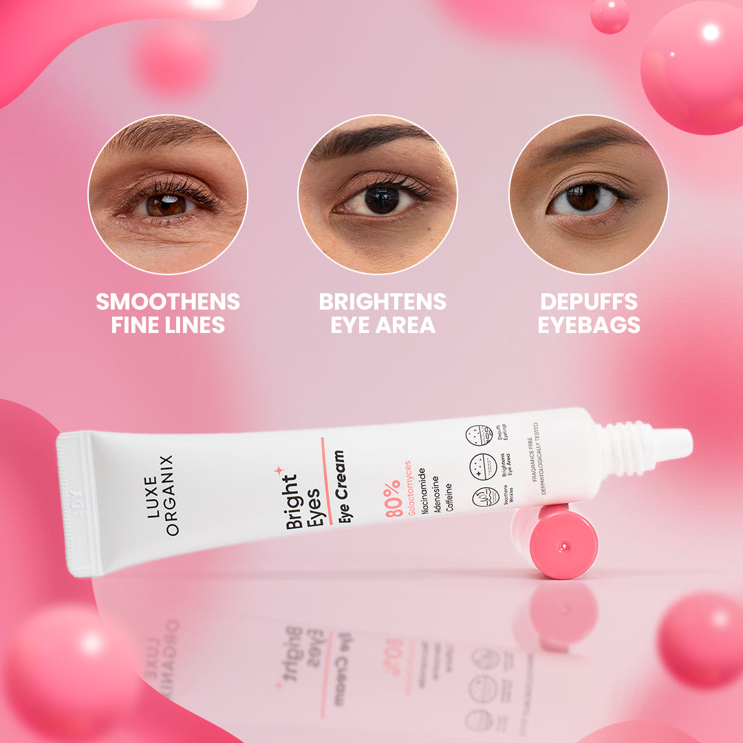 Eye cream tube with before and after effects on eyes against a pink background