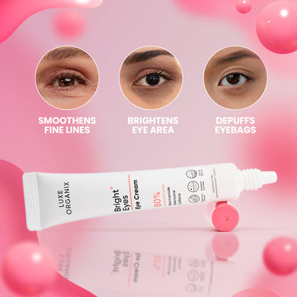 Eye cream tube with before and after effects on eyes against a pink background