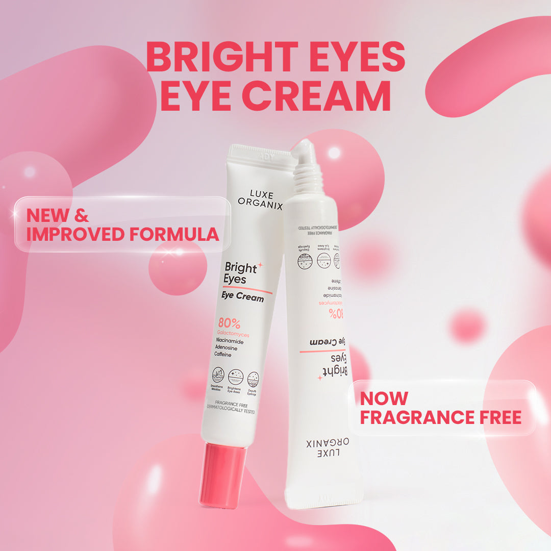 Luxe Organix Bright Eyes Eye Cream on a pink background with product details.