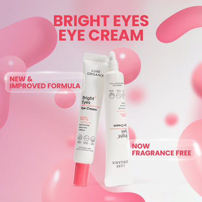 Luxe Organix Bright Eyes Eye Cream on a pink background with product details.