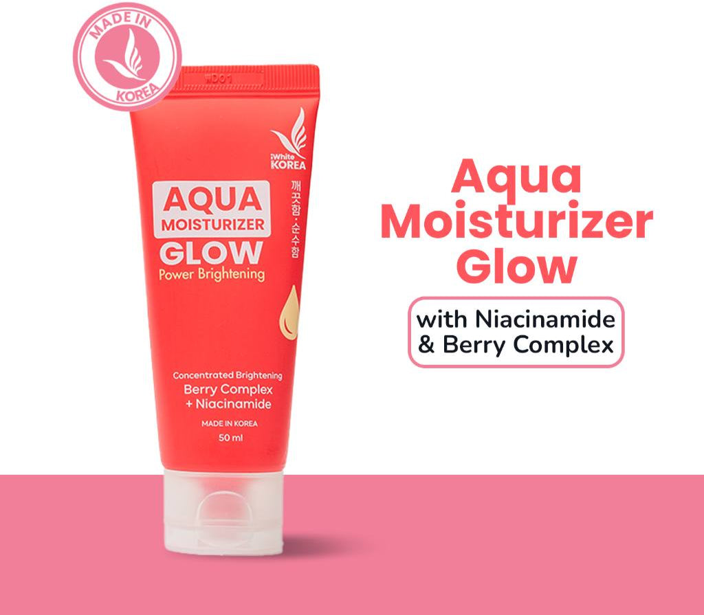 Red tube of Aqua Moisturizer Glow with iWhite Korea branding on a pink background