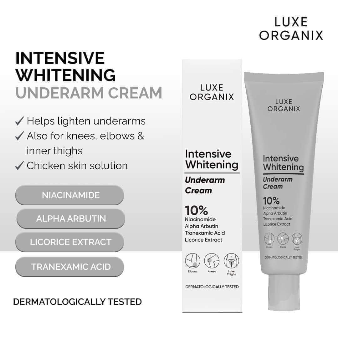 Luxe Organix Intensive Whitening Underarm Cream packaging with product details on a white background