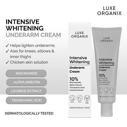 Luxe Organix Intensive Whitening Underarm Cream packaging with product details on a white background
