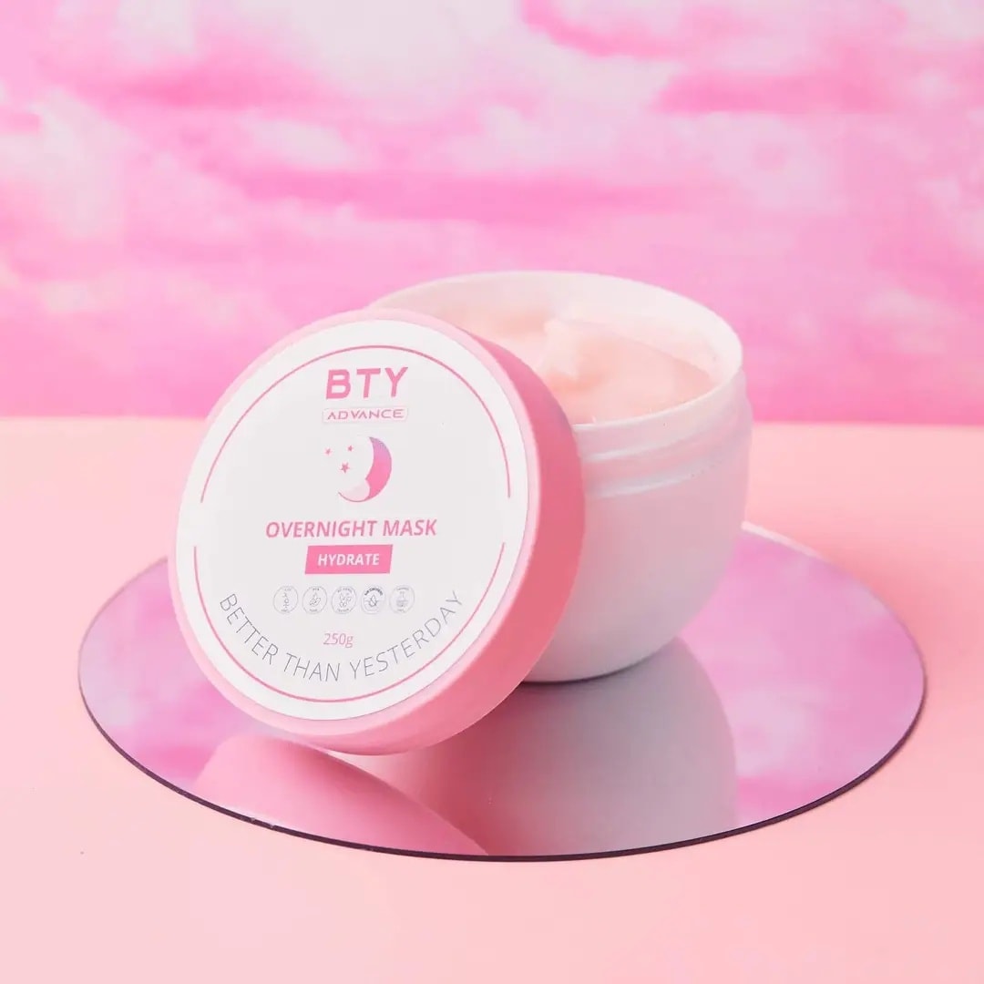BTY Overnight Mask jar on a pink background