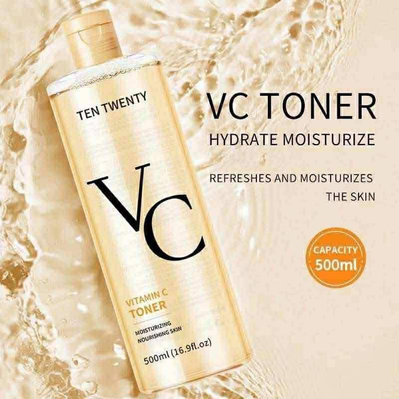 Ten Twenty Vitamin C Toner bottle with water droplets on a beige background