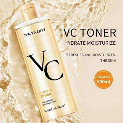 Ten Twenty Vitamin C Toner bottle with water droplets on a beige background