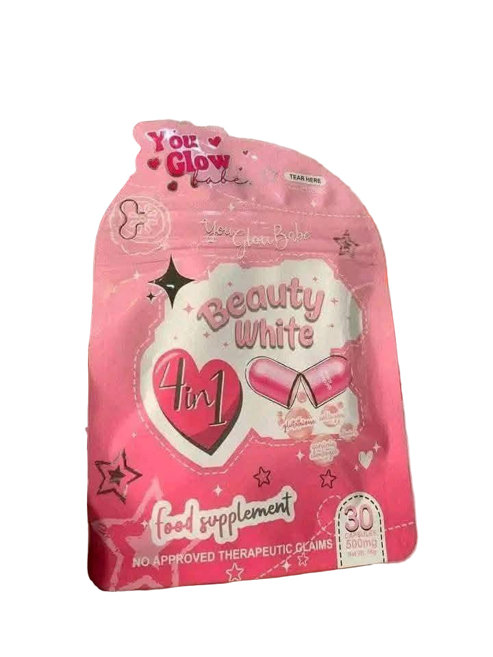 Pink 'Beauty White 4in1' food supplement package held in a hand with a store shelf in the background.