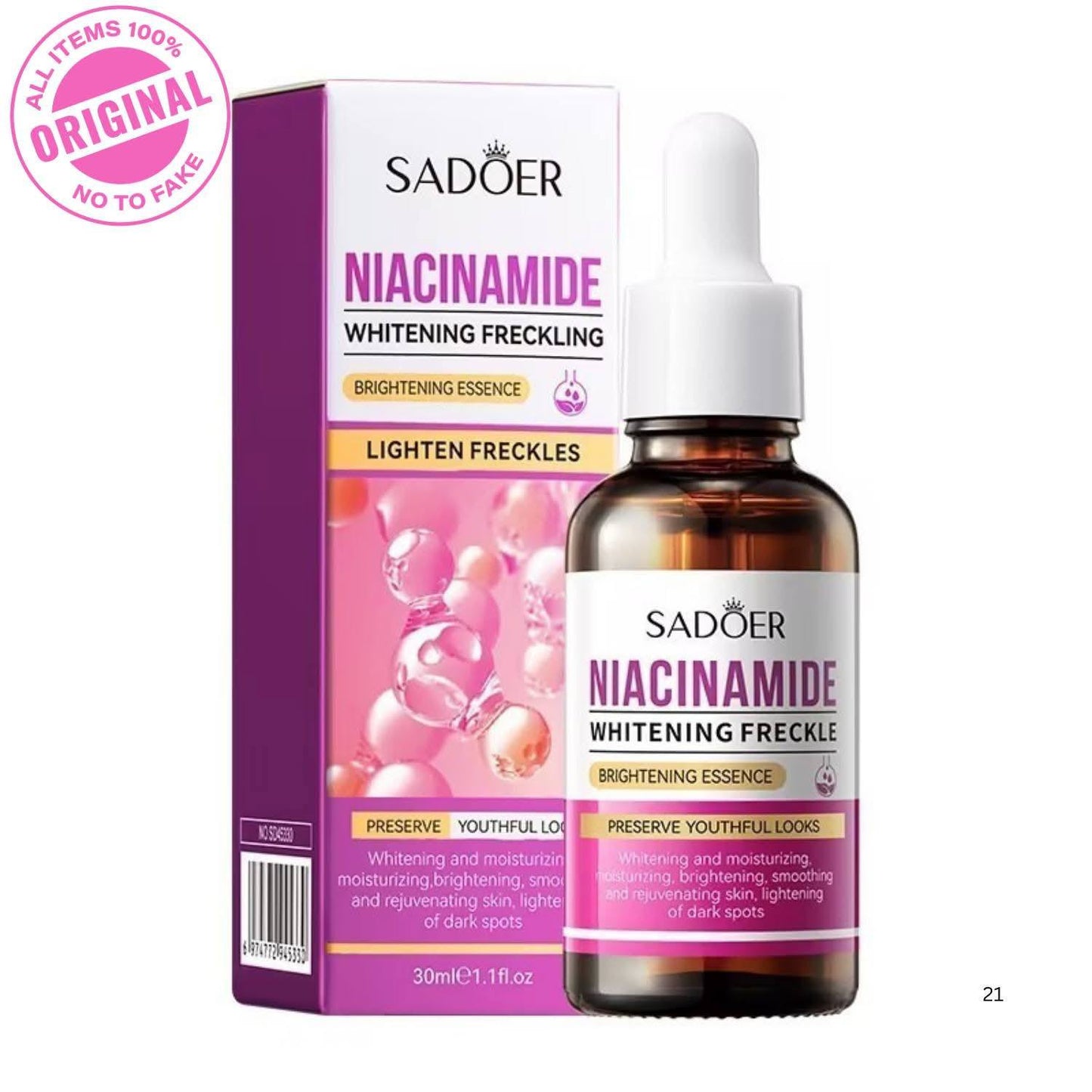 Sadoer Niacinamide Whitening Freckling Essence bottle and packaging on a white background