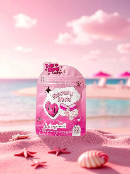Pink supplement package with 'Beauty White' branding on a beach with pink sand and clouds.