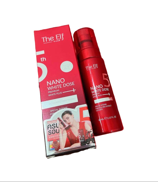 Red cosmetic bottle and packaging with 'The Elf' branding on a white background