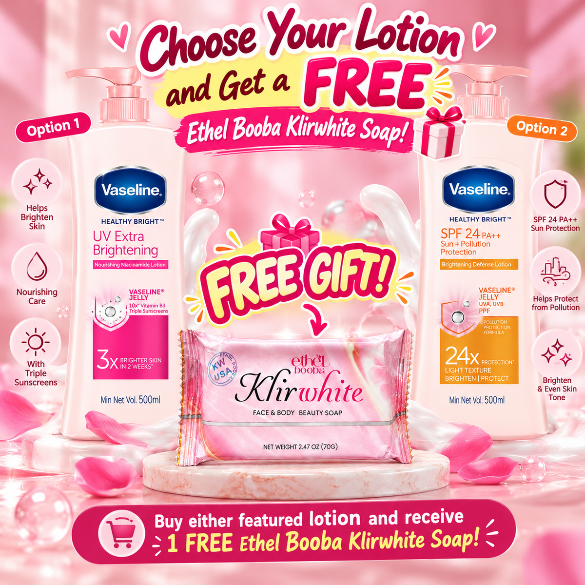 Vaseline Healthy Bright Niacinamide Lotion 500ml Non-Sticky + FREE Klirwhite Soap (Limited Offer)
