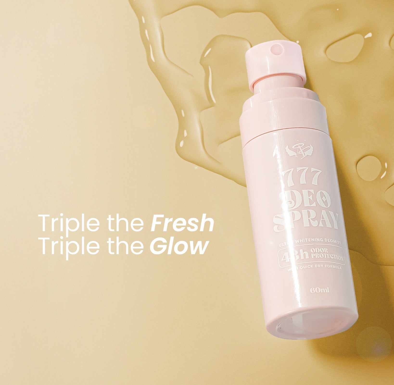 Pink deodorant spray bottle with 'Triple the Fresh, Triple the Glow' text on a beige background.